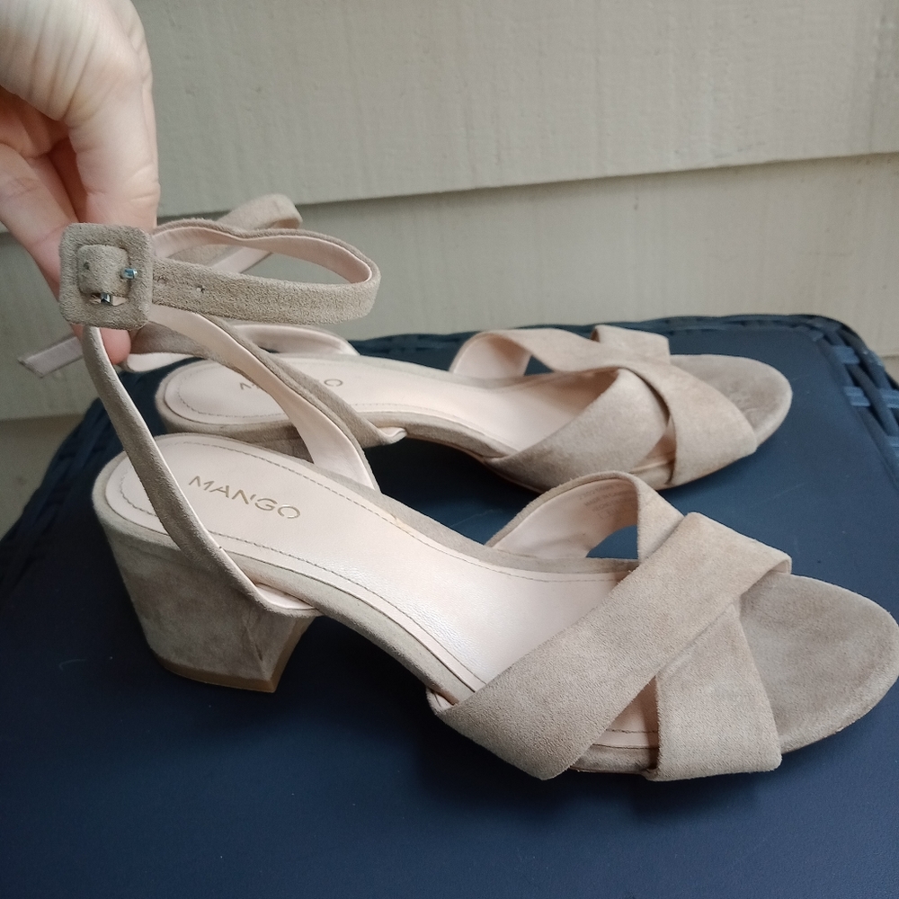 Tan kitten heel, ankle strap sandals